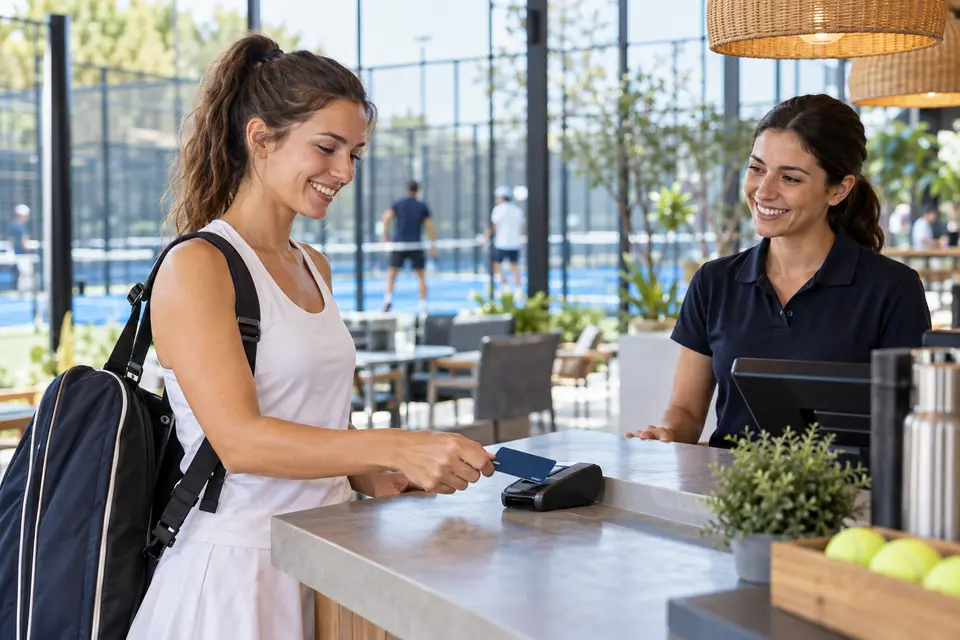 Scène illustrative d'un paiement sans contact dans un club de padel